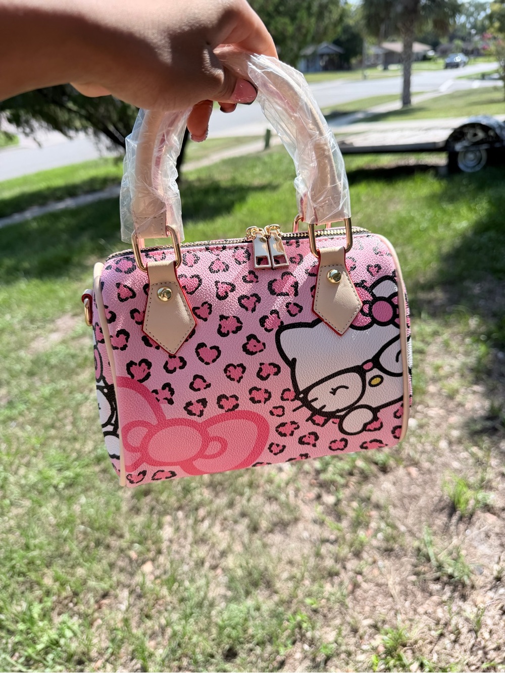 HK Inspired Leopard Print Boston Bag Pink & Black